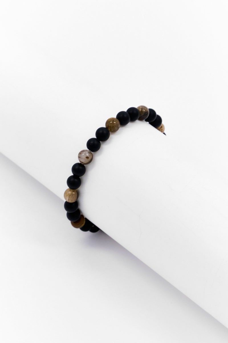 Steeltime Men Tiger Eye And Black Lava Beaded Stretch Bracelet, Black - Image 1